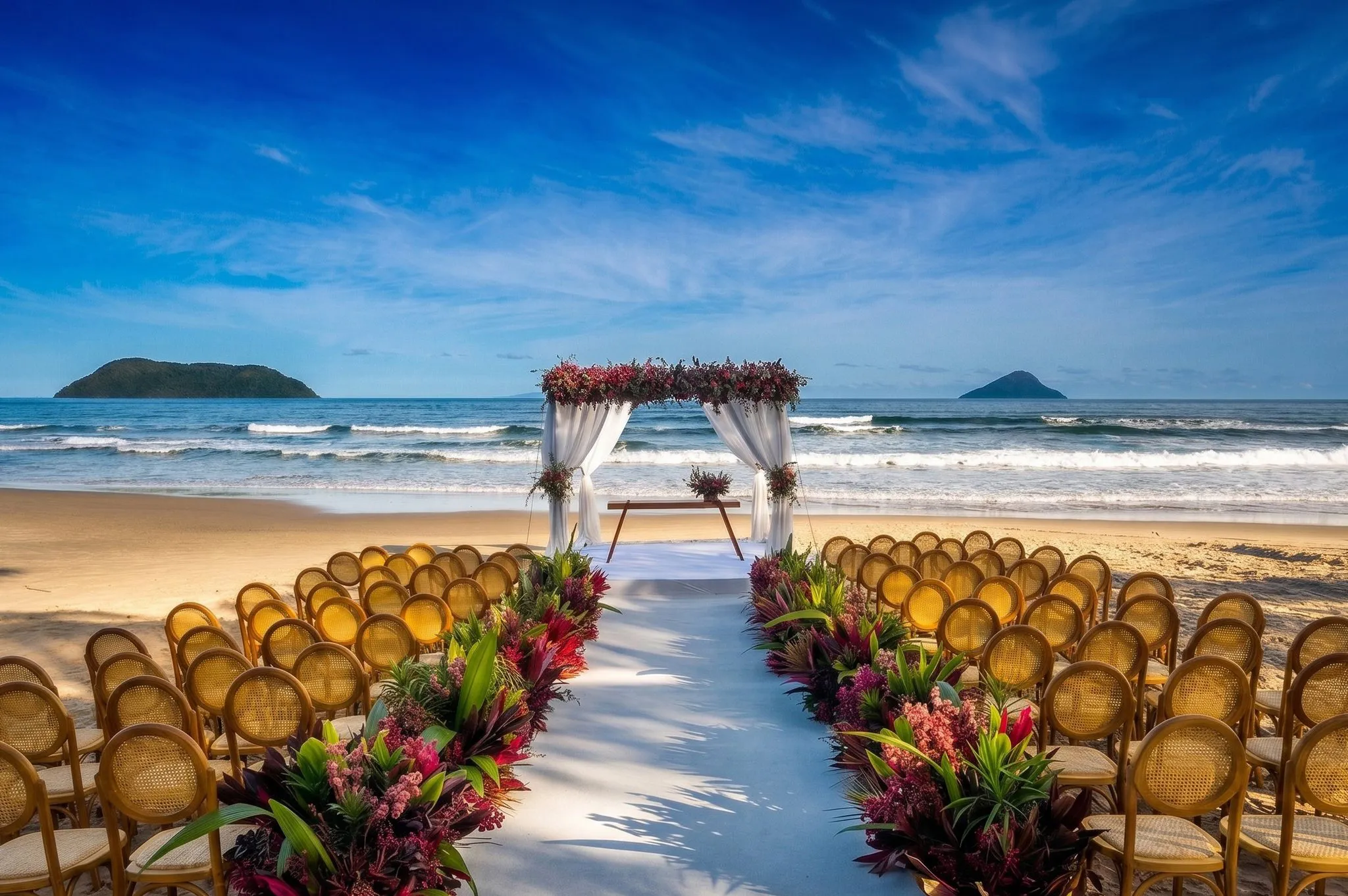 Cerimônia de casamento na praia de Juqueí ao pôr do sol